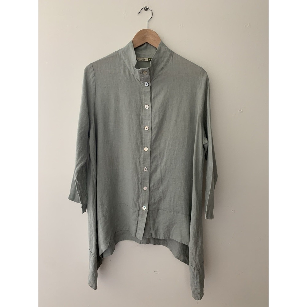 Chalet Et Ceci Button Up Top Pale Sea Glass Lagenlook 100% Linen M Stand Collar